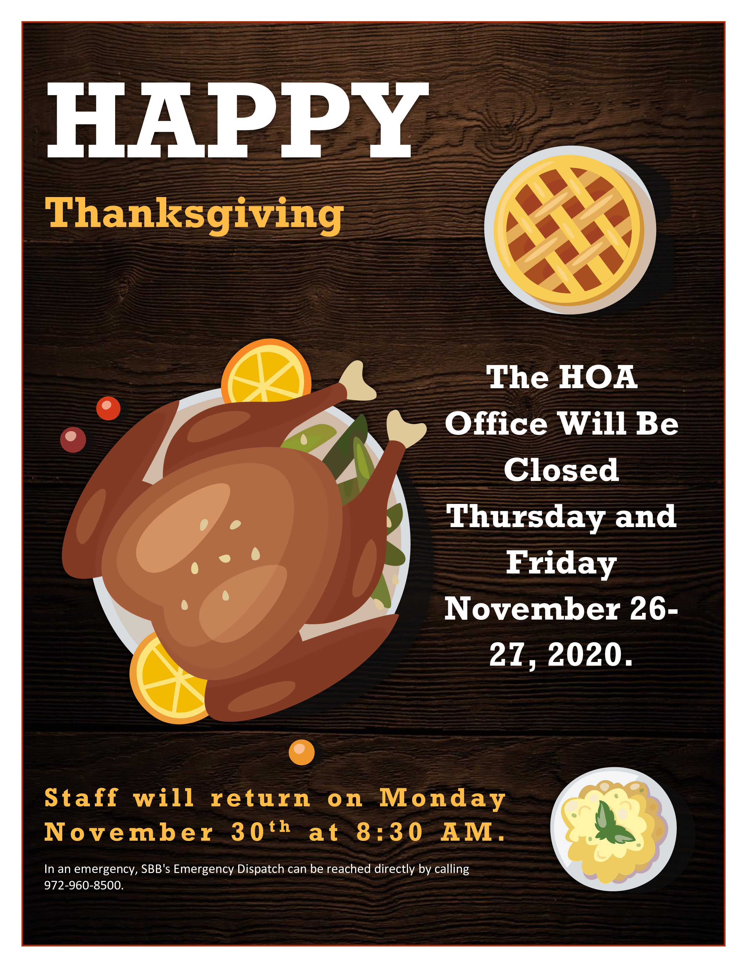 HOA Office Closed November 26-27